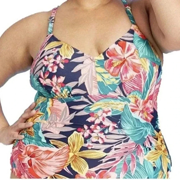 2/$30 Kona Sol 22W Tropical Swimsuit One Piece Floral Plus Size Lace Up Back - Picture 4 of 15